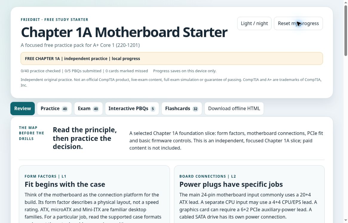 Actual free Chapter 1A starter showing Review, 40-question Practice and Exam modes, five interactive PBQs, 32 flashcards, and the offline download.